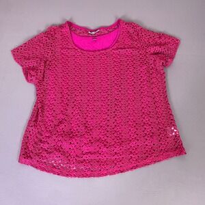JM Collection Top Blouse Woman Plus 1X Fuchsia Pink Crochet Lace‎ Short Sleeve
